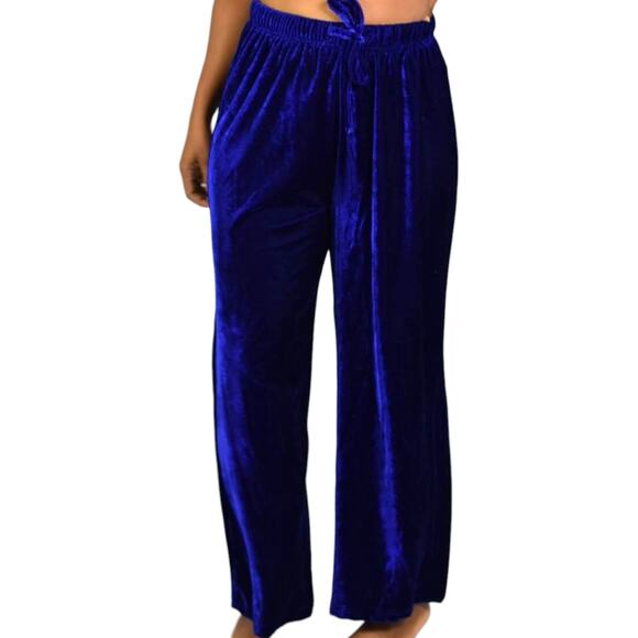 Vintage Velvet Pants Blue Cobalt Drawstring Pajama Lounge Straight Leg 70s Small - Picture 1 of 12